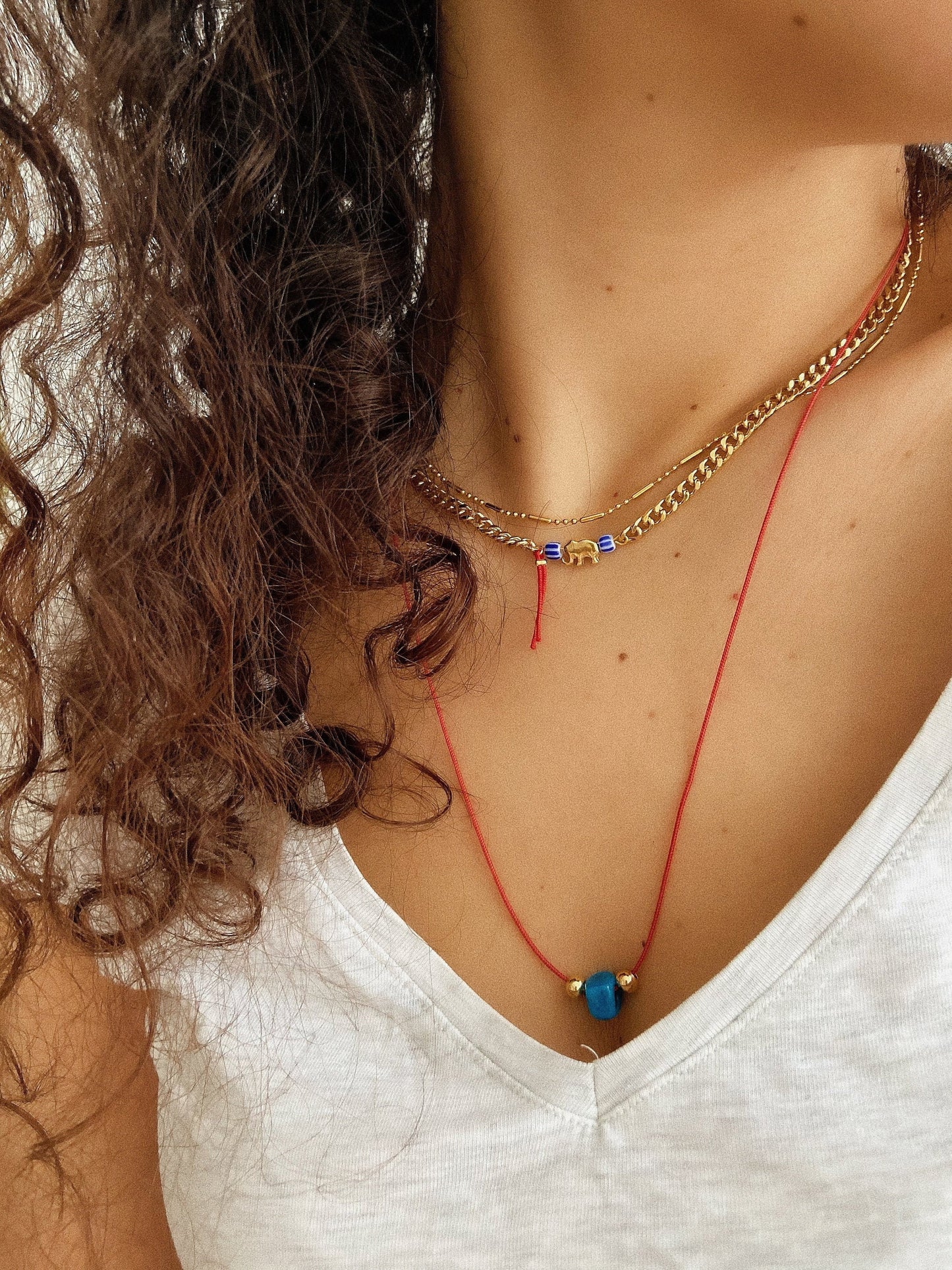 Glass Blue Bead Red String Necklace