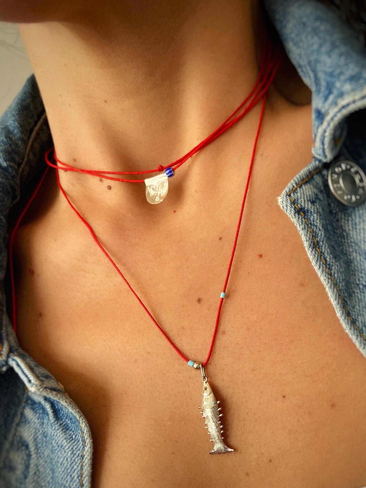 3D Movable Fish Silver Red String Necklace