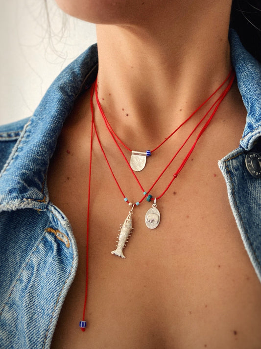 3D Movable Fish Silver Red String Necklace