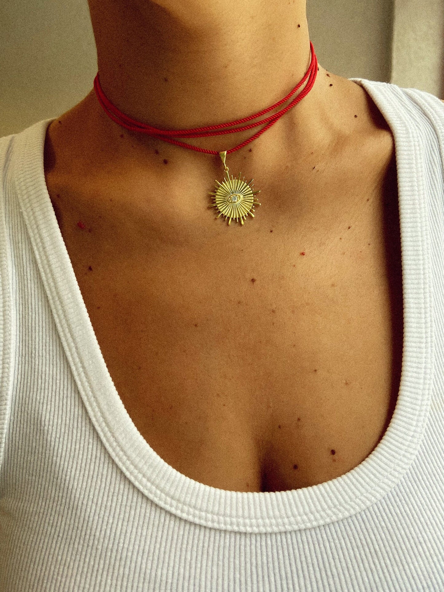 Long Red Cord Sun Necklace